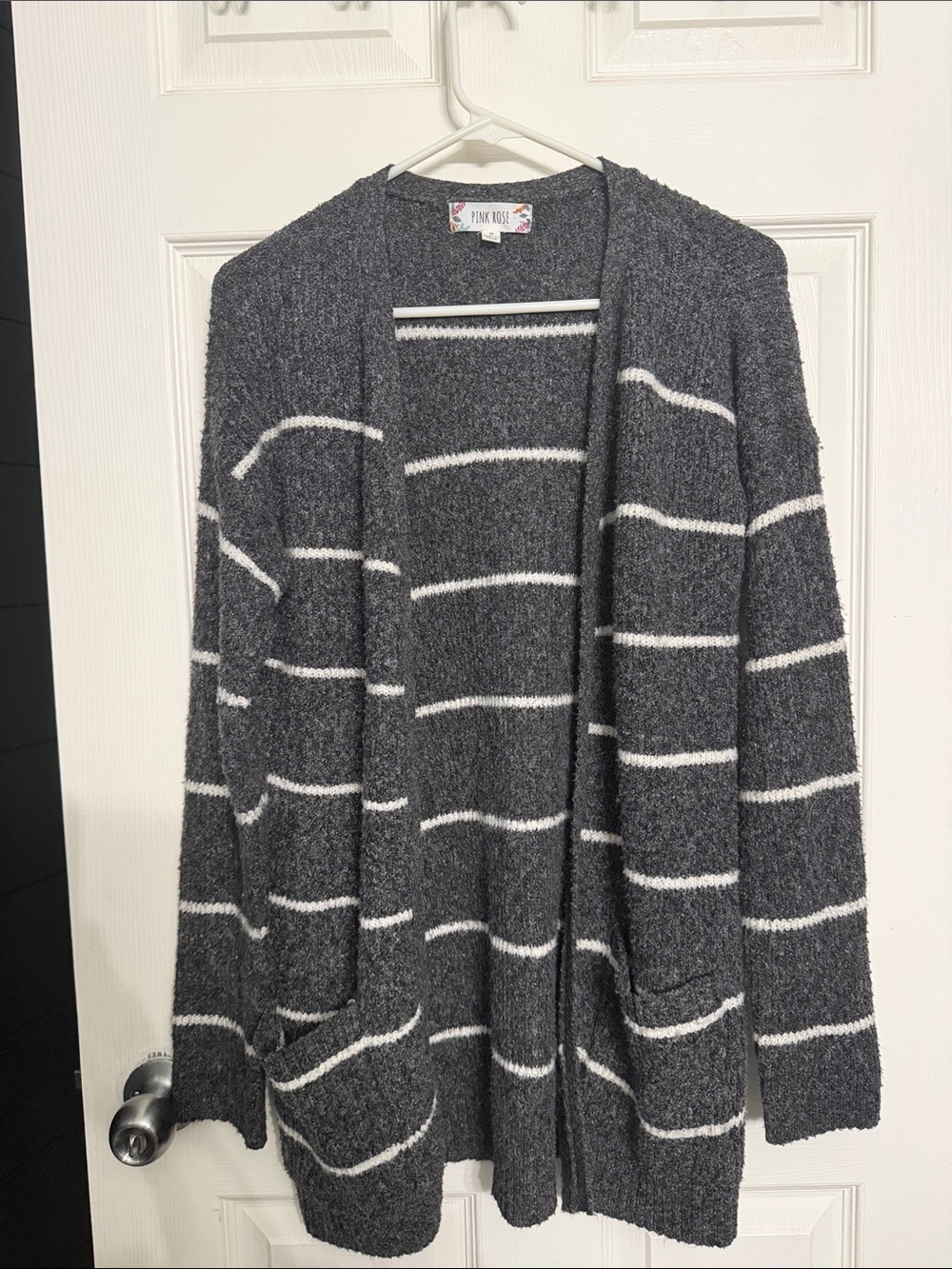 Pink Lily Charcoal Gray and White Striped Open-Front Cardigan